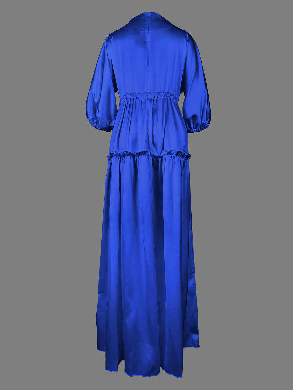 Olivia Bennet | High Waisted Puff Sleeves Falbala Solid Color V-Neck Maxi Dresses