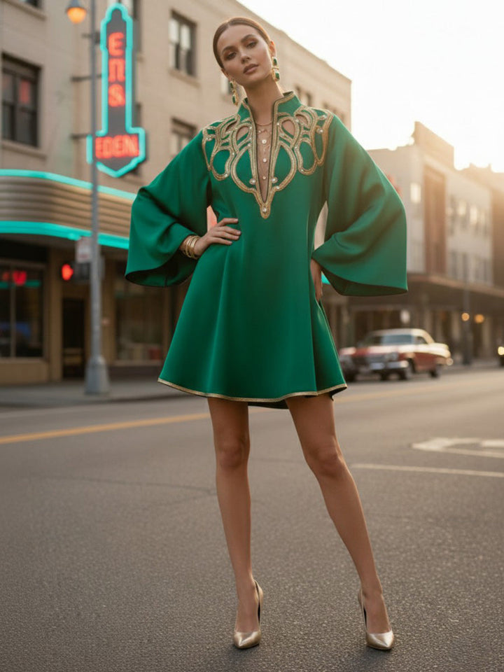 Olivia Bennet | A-Line Long Sleeves Contrast Color Printed Split-Joint Stand Collar Mini Dresses