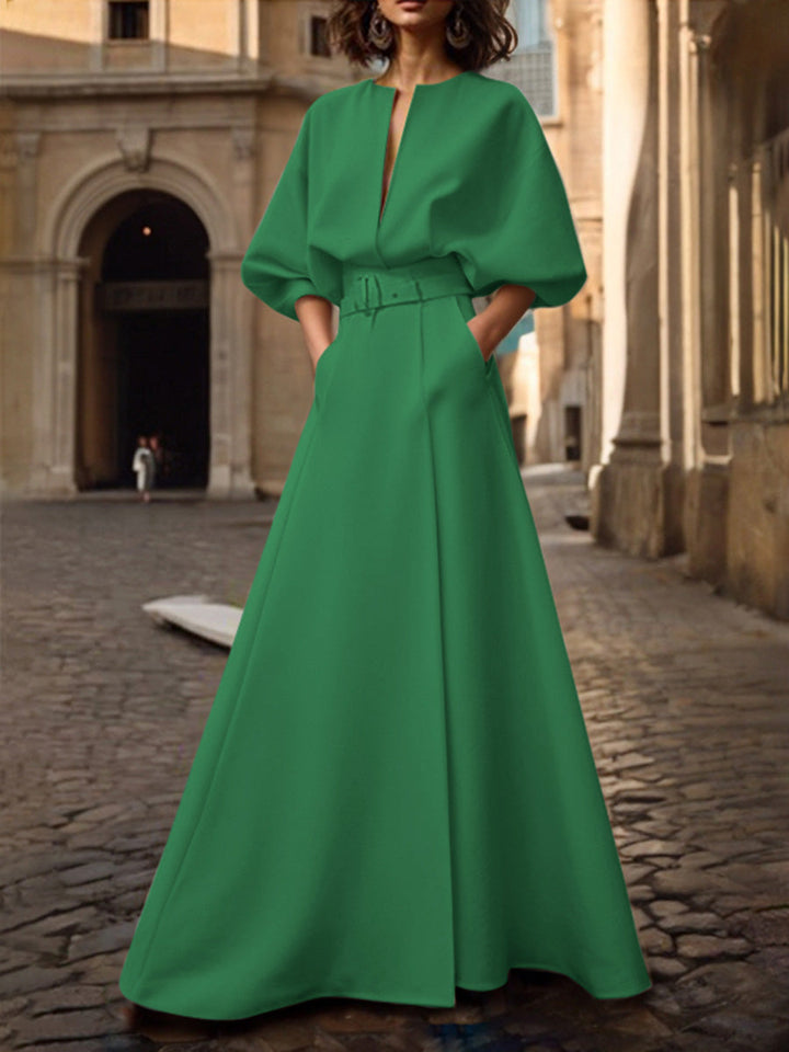 Olivia Bennet | Half Sleeves Loose Belted Solid Color Deep V-Neck Maxi Dresses