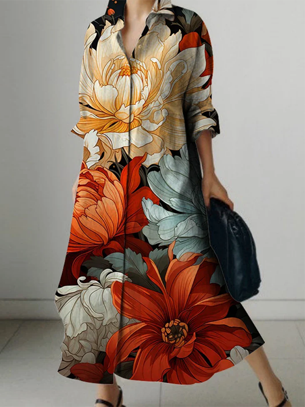 Olivia Bennet | Long Sleeves Loose Flower Print Lapel Maxi Dresses Shirt Dress
