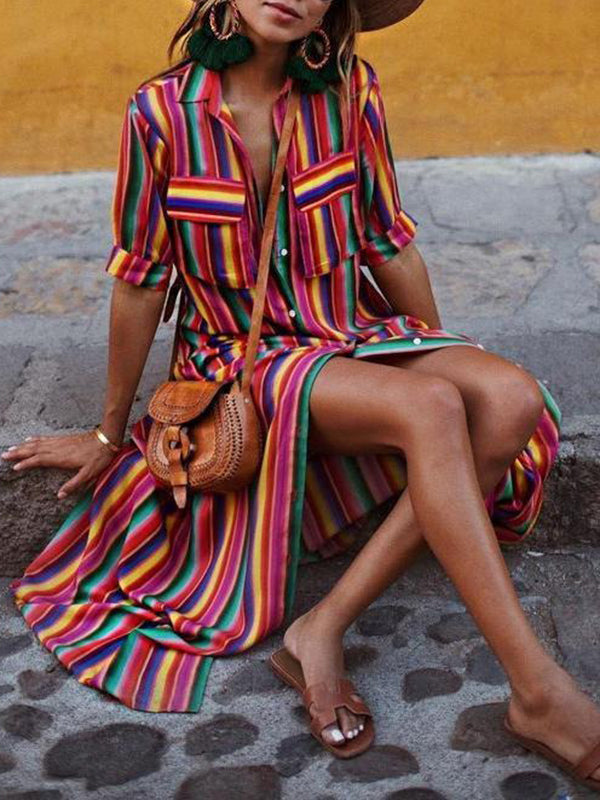 Olivia Bennet | Long Sleeves Loose Split-Joint Striped Lapel Maxi Dresses Shirt Dress