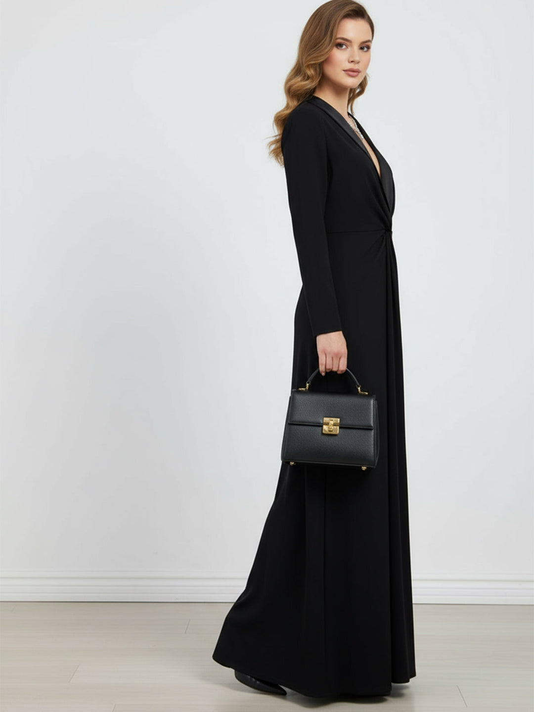Olivia Bennet | Long Sleeves Skinny Solid Color Deep V-Neck Maxi Dresses