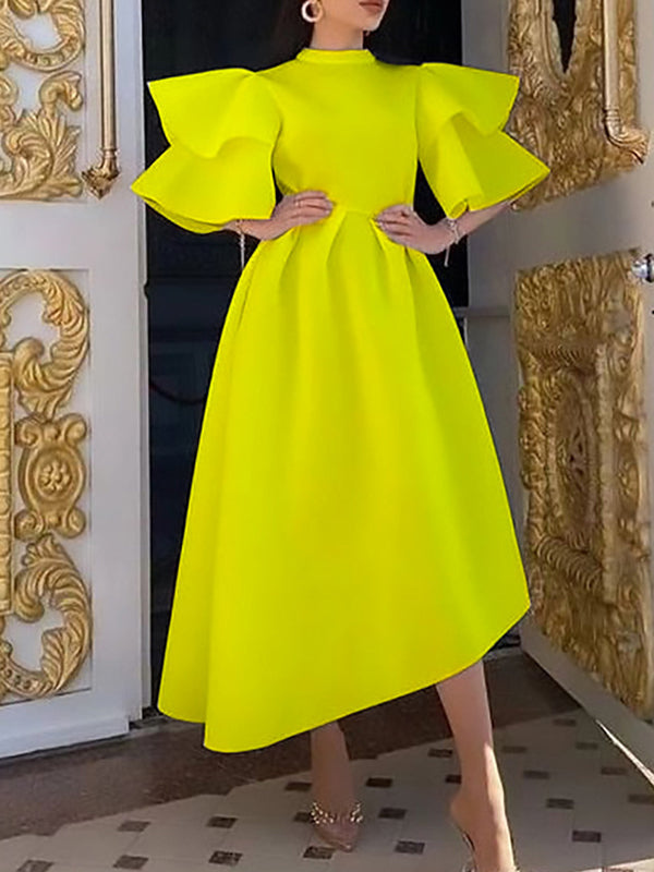 Olivia Bennet | Original Loose Half Sleeves Falbala Solid Color Round-Neck Midi Dresses