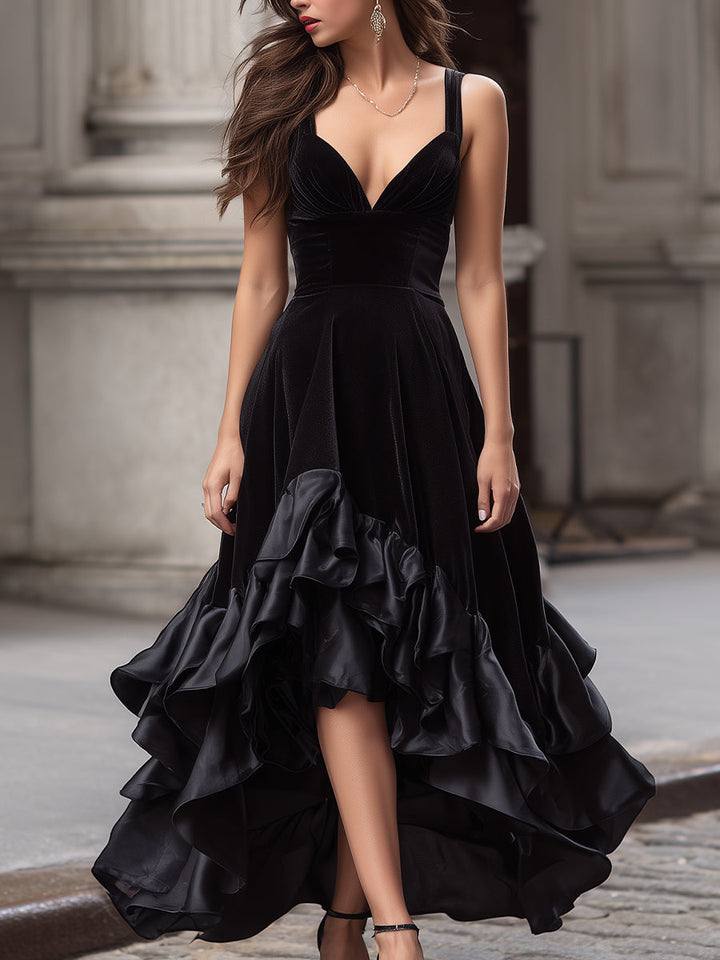 Olivia Bennet | Midnight High-Low Layered Ruffled-Hem Velvet Gown
