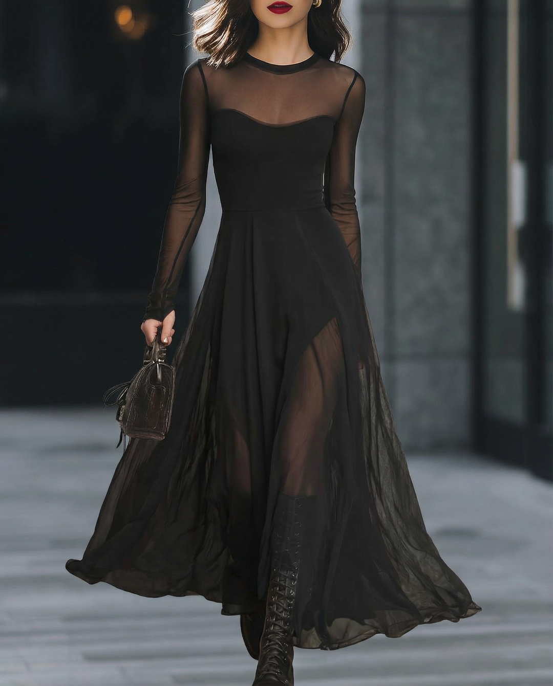 Olivia Bennet | Black Sheer-Sleeve A-Line Mesh Midi Dress