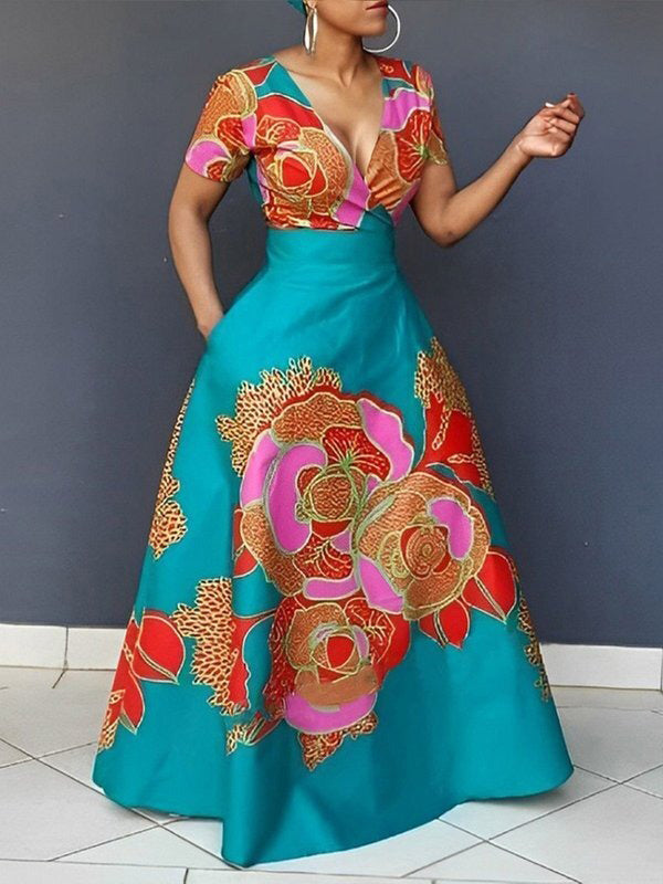 Olivia Bennet | A-Line Loose Floral Printed Split-Joint Deep V-Neck Evening Dresses Maxi Dresses