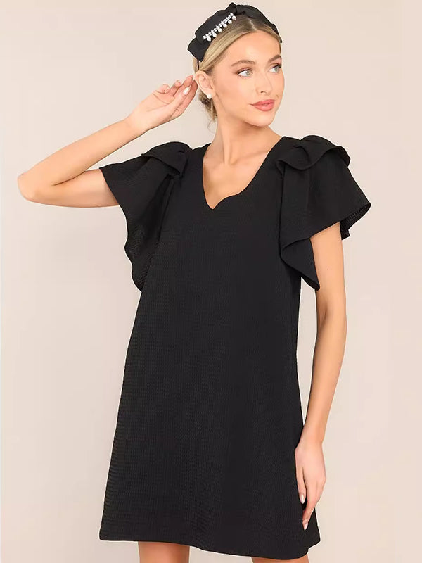 Olivia Bennet | Flared Sleeves Loose Comfort Solid Color V-Neck Mini Dresses