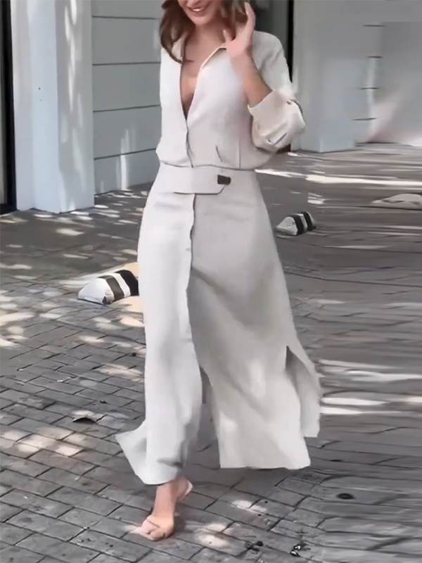 Olivia Bennet | Long Sleeves Loose Split-Joint Split-Side V-Neck Maxi Dresses Shirt Dress