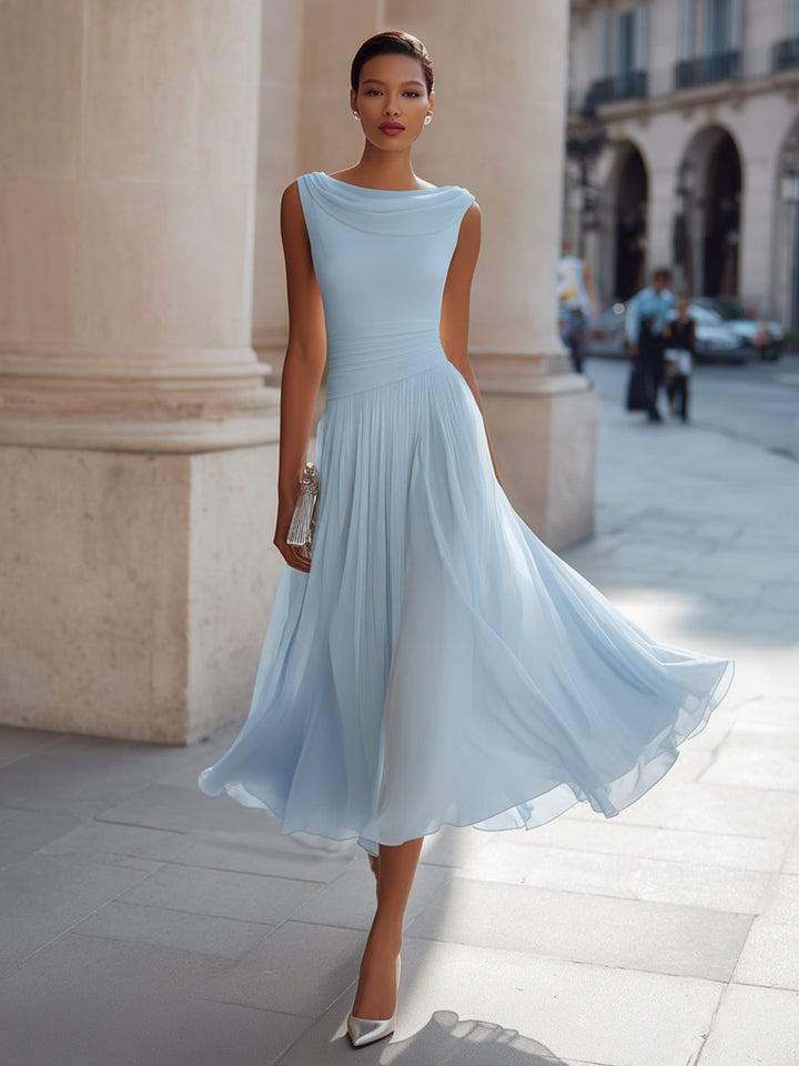 Olivia Bennet | Draped Neck Sleeveless Pleated Midi Dress