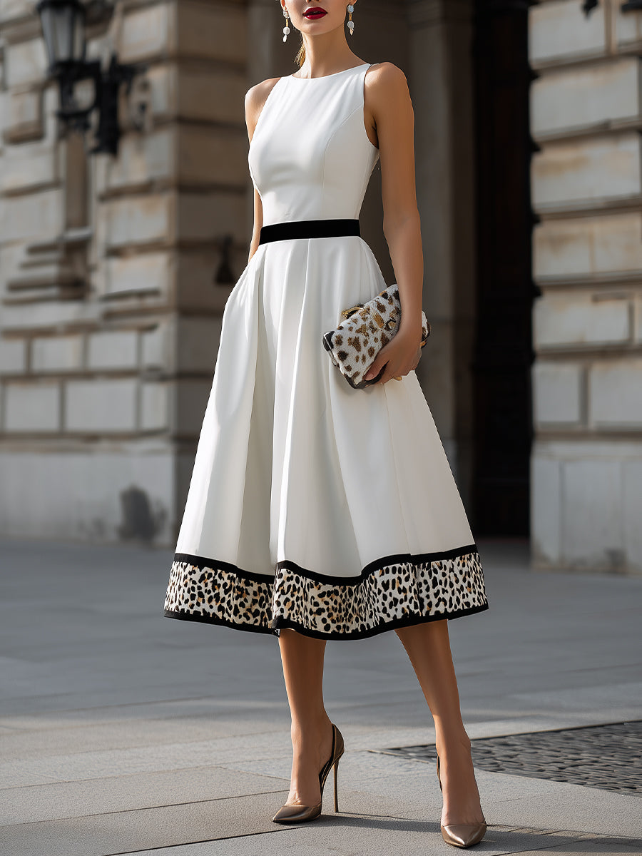 Olivia Bennet | Contrast Waist Leopard Hem A-Line Midi Dress