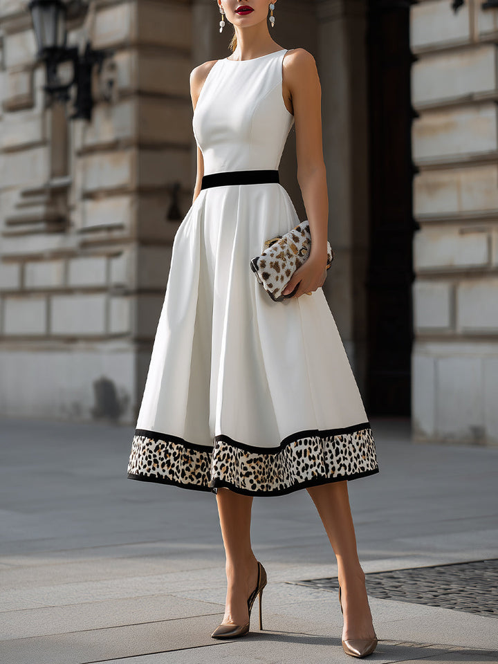 Olivia Bennet | Contrast Waist Leopard Hem A-Line Midi Dress