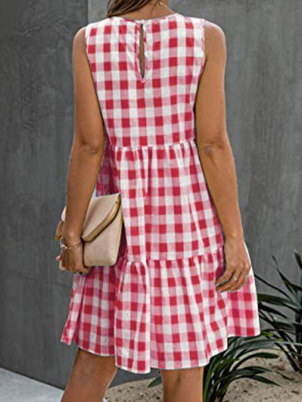 Olivia Bennet | Loose Sleeveless Hollow Plaid Pleated Split-Joint Round-Neck Mini Dresses