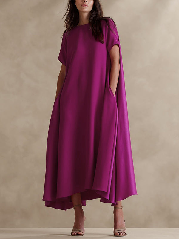 Olivia Bennet | Loose Short Sleeves Pockets Solid Color Round-Neck Maxi Dresses