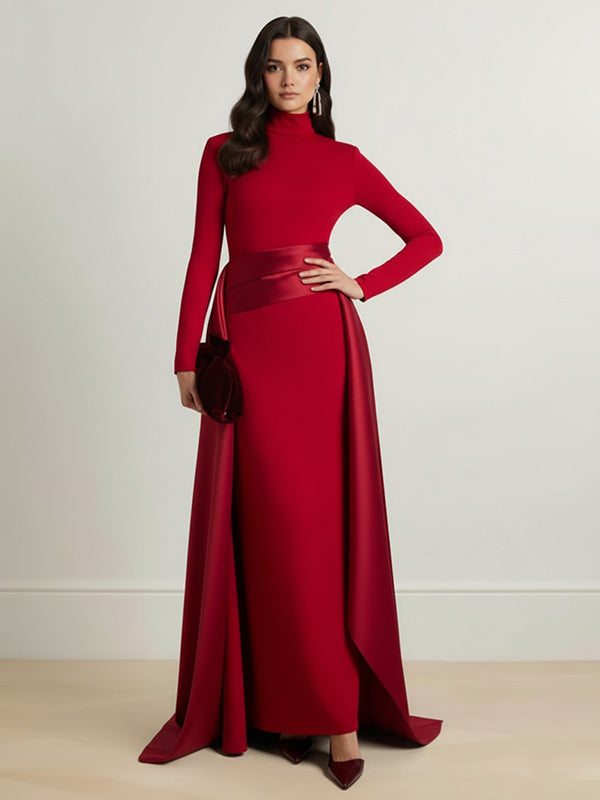 Olivia Bennet | Bodycon Elasticated Waist Asymmetric Solid Color Split-Joint High Neck Maxi Dresses