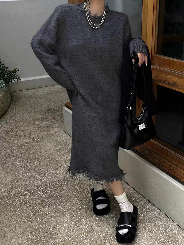 Olivia Bennet | High Waisted Long Sleeves Fringed Solid Color Round-Neck Midi Dresses Sweater Dresses