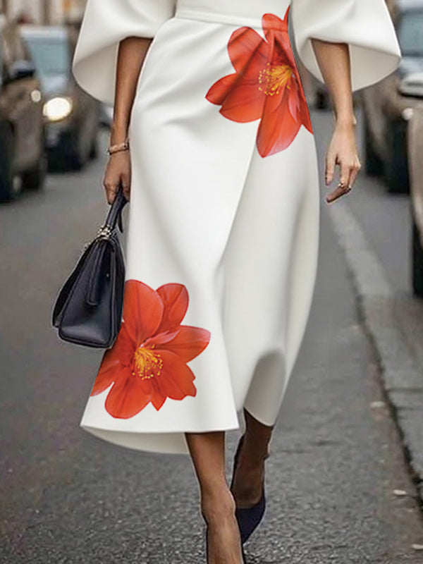 Olivia Bennet | Three-Quarter Sleeves Asymmetric Floral Printed Split-Joint Round-Neck Midi Dresses