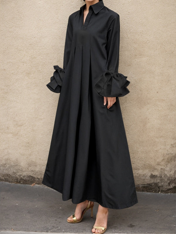 Olivia Bennet | Flared Sleeves Pleated Solid Color Split-Joint Lapel Maxi Dresses Shirt Dress