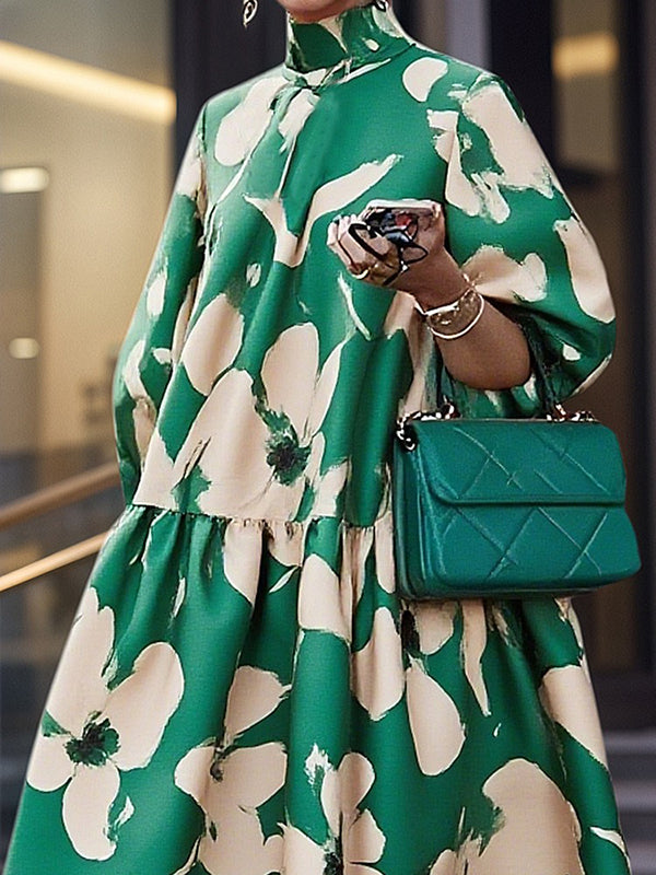 Olivia Bennet | Half Sleeves Loose Flower Print High Neck Midi Dresses