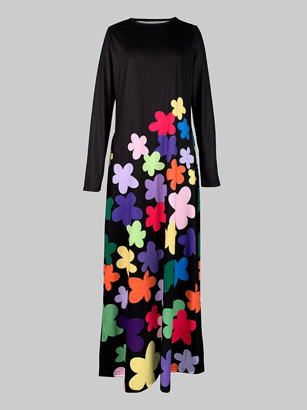 Olivia Bennet | Long Sleeves Asymmetric Floral Round-Neck Maxi Dresses