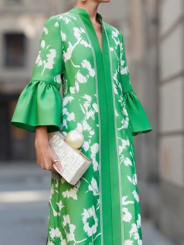 Olivia Bennet | Flared Sleeves Loose Flower Print Pleated Pockets Split-Side V-Neck Maxi Dresses