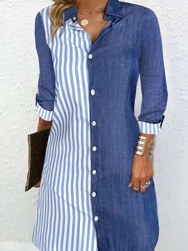 Olivia Bennet | Long Sleeves Loose Asymmetric Split-Joint Striped Lapel Mini Dresses Shirt Dress