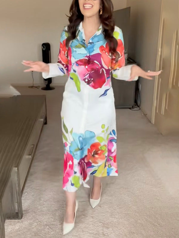 Olivia Bennet | Long Sleeves Loose Buttoned Flower Print Lapel Maxi Dresses Shirt Dress