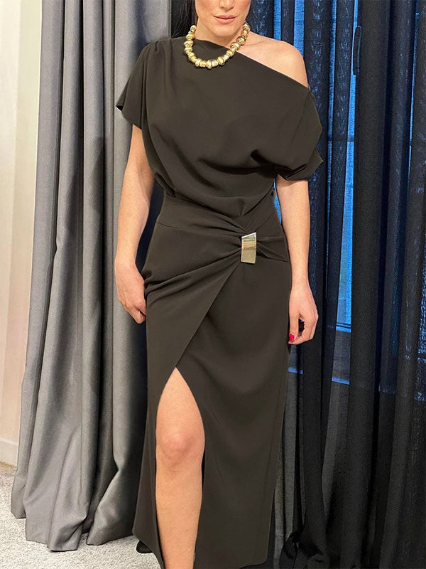 Olivia Bennet | Raglan Sleeve Asymmetric Pleated Split-Front Split-Joint One-Shoulder Evening Dresses Maxi Dresses