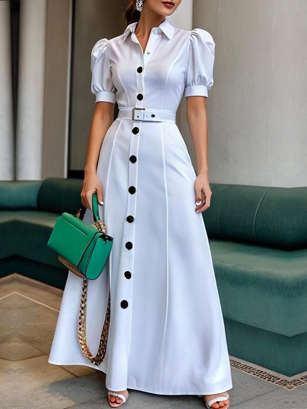 Olivia Bennet | Puff Sleeves Short Sleeves Belted Buttoned Solid Color Lapel Maxi Dresses Shirt Dress