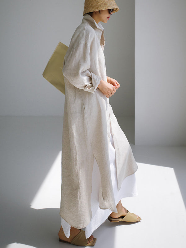 Olivia Bennet | Simple Long Sleeves Split-Side Solid Color Lapel Midi Dresses Shirt Dress
