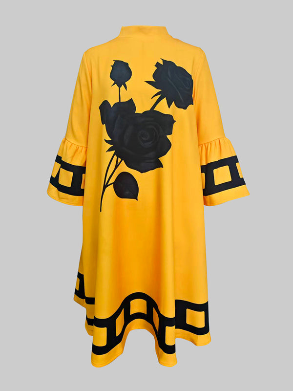 Olivia Bennet | A-Line Flared Sleeves Flower Print Split-Joint Mock Neck Midi Dresses