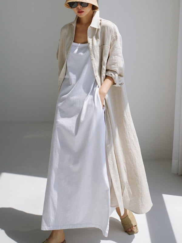 Olivia Bennet | Simple Long Sleeves Split-Side Solid Color Lapel Midi Dresses Shirt Dress