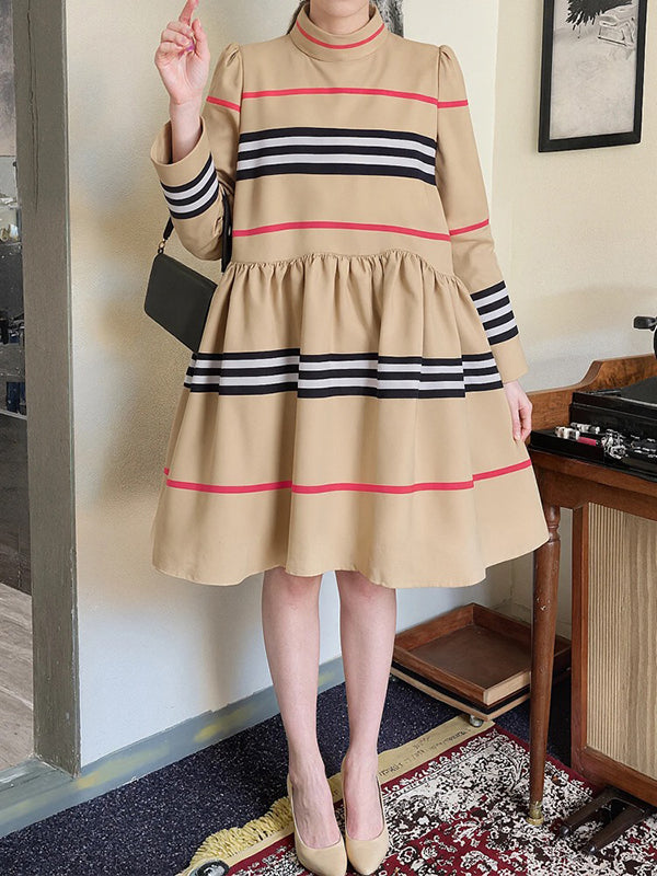 Olivia Bennet | A-Line High Waisted Contrast Color Pleated Striped Zipper Mock Neck Midi Dresses