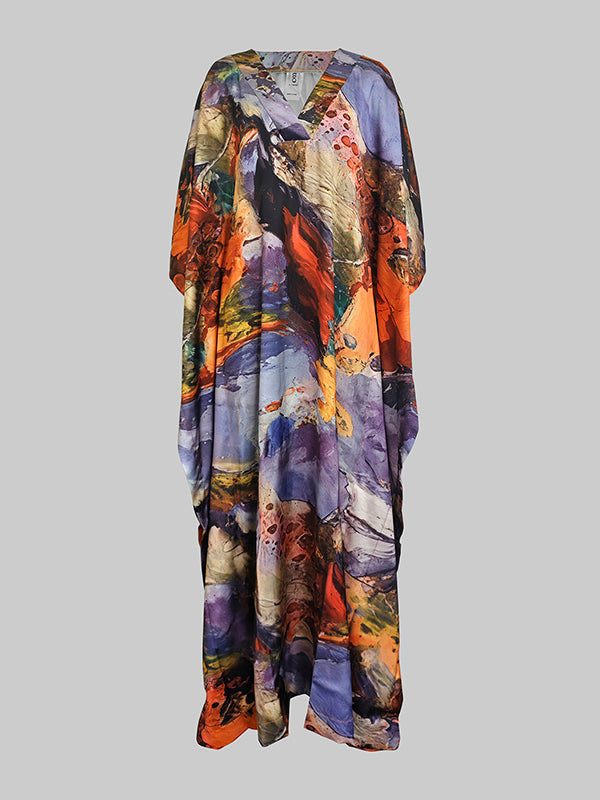 Olivia Bennet | Batwing Sleeves Loose Gauze Printed Split-Joint V-Neck Maxi Dresses