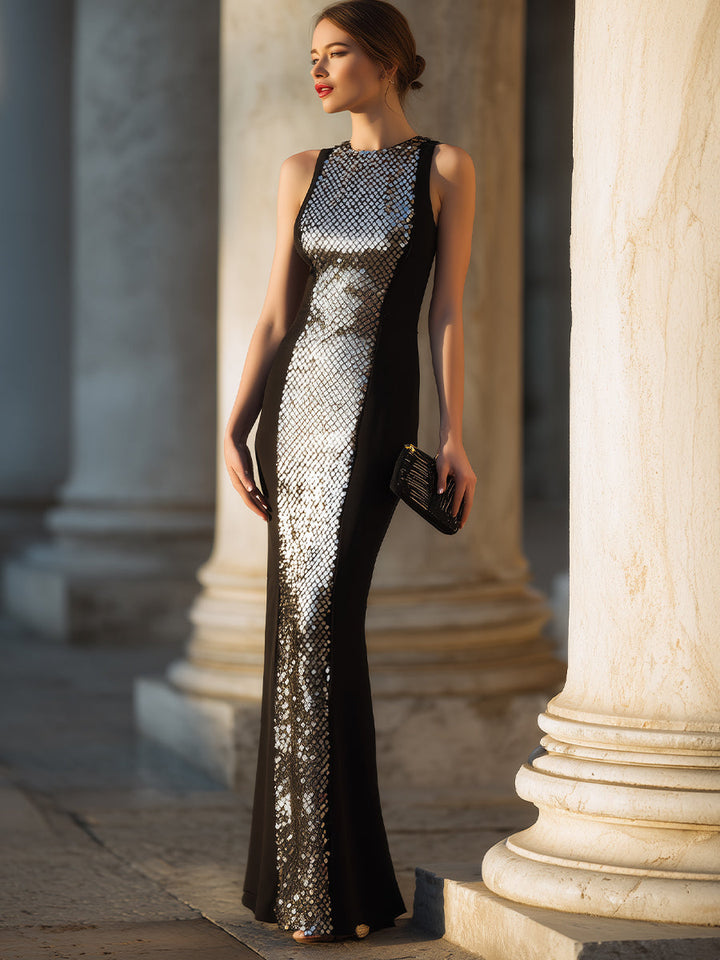 Olivia Bennet | Black Sculpted-Panel Sleeveless Satin Evening Gown