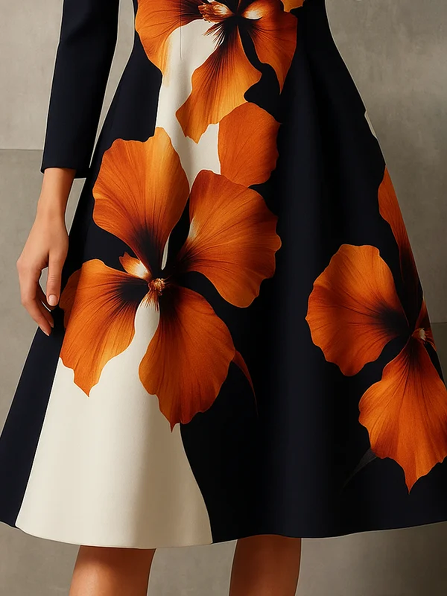 Olivia Bennet | A-Line Long Sleeves Contrast Color Flower Print Mock Neck Midi Dresses