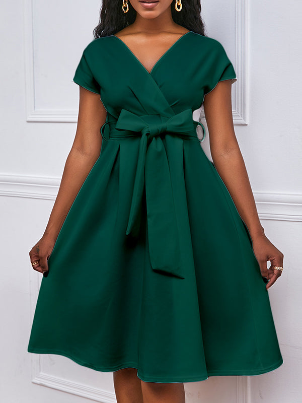 Olivia Bennet | Bowknot Lace-Up Solid Color V-Neck Midi Dresses