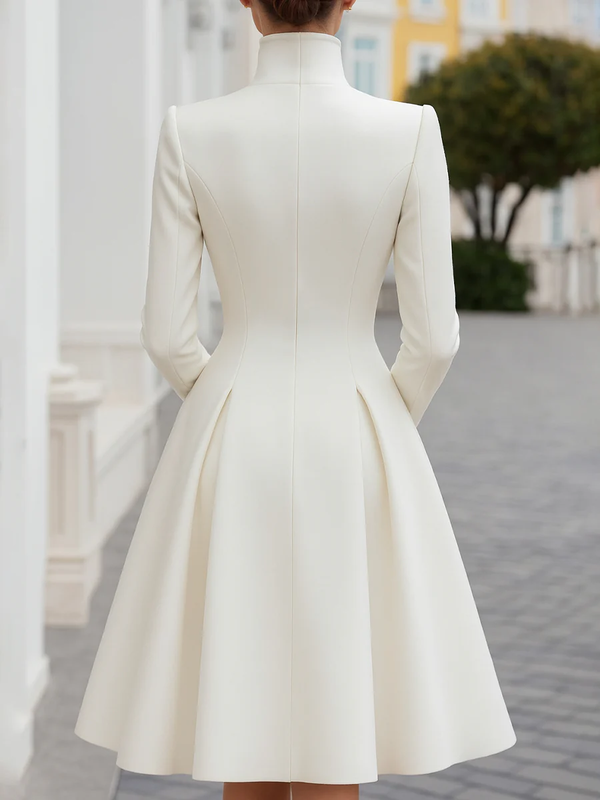 Olivia Bennet | A-Line High Waisted Buttoned Pleated Pockets Solid Color Stand Collar Midi Dresses Overcoat