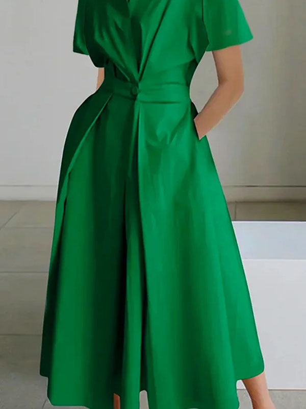 Olivia Bennet | High Waisted Loose Pleated Solid Color V-Neck Midi Dresses