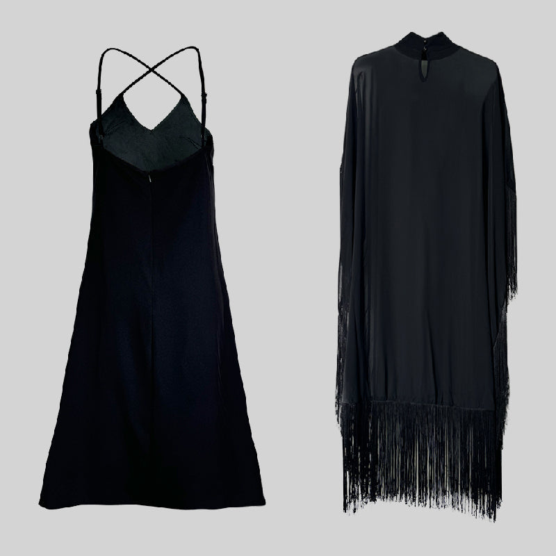 Olivia Bennet | Batwing Sleeves Loose See-Through Solid Color Tasseled Mock Neck Maxi Dresses