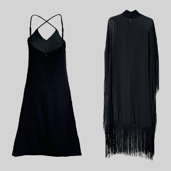 Olivia Bennet | Batwing Sleeves Loose See-Through Solid Color Tasseled Mock Neck Maxi Dresses