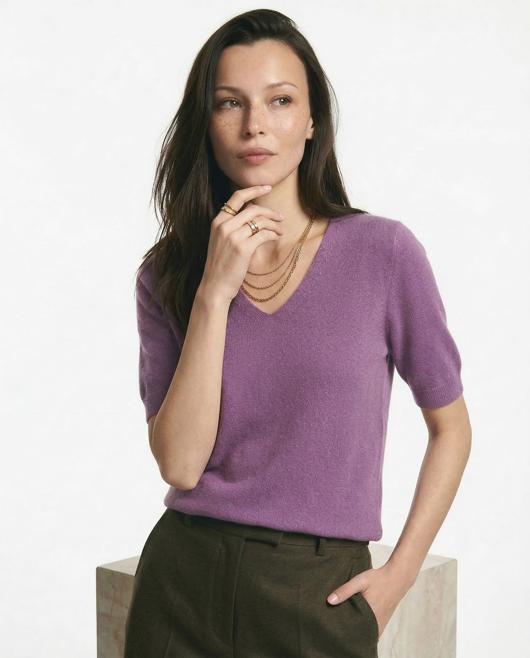 Olivia Bennet | V-Neck Knit Top for Women in Natural Color