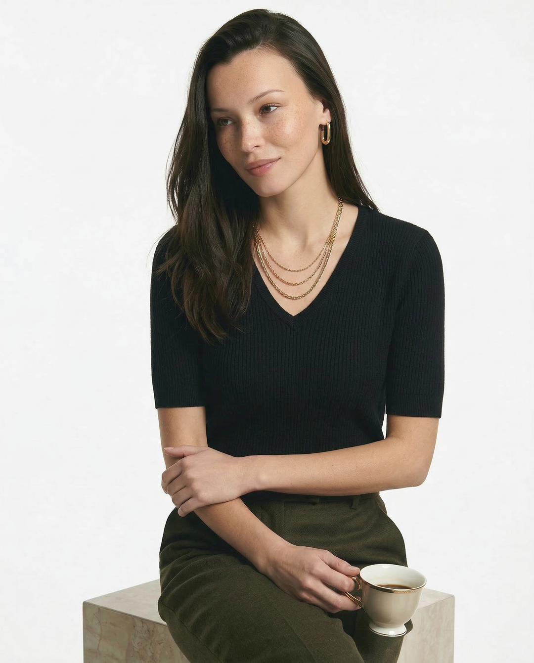 Olivia Bennet | V-Neck Knit Top for Women in Natural Color