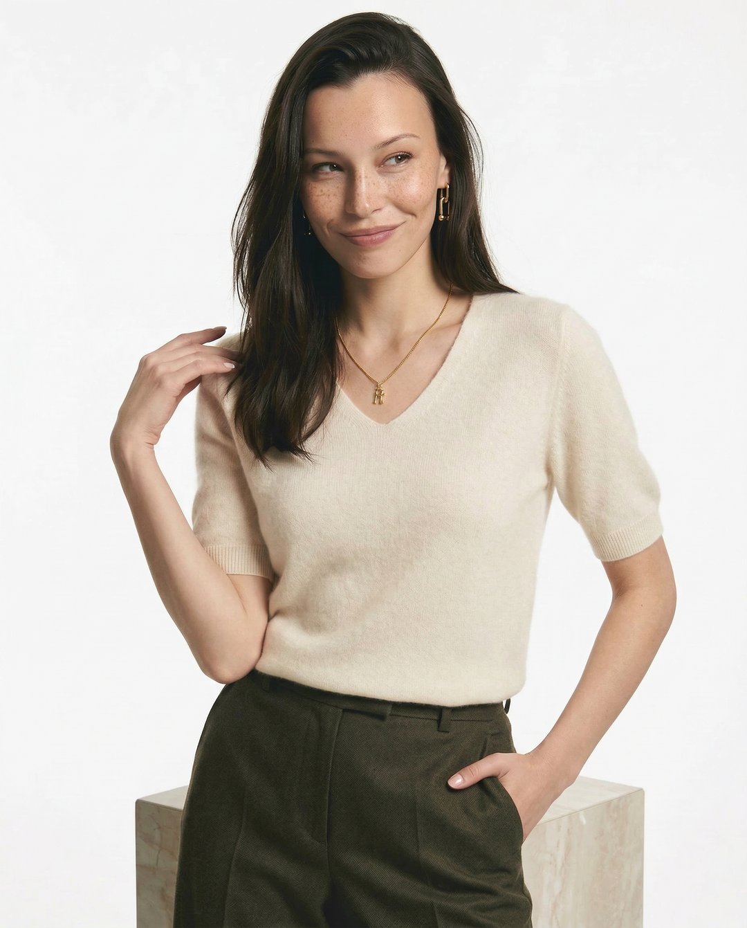 Olivia Bennet | V-Neck Knit Top for Women in Natural Color