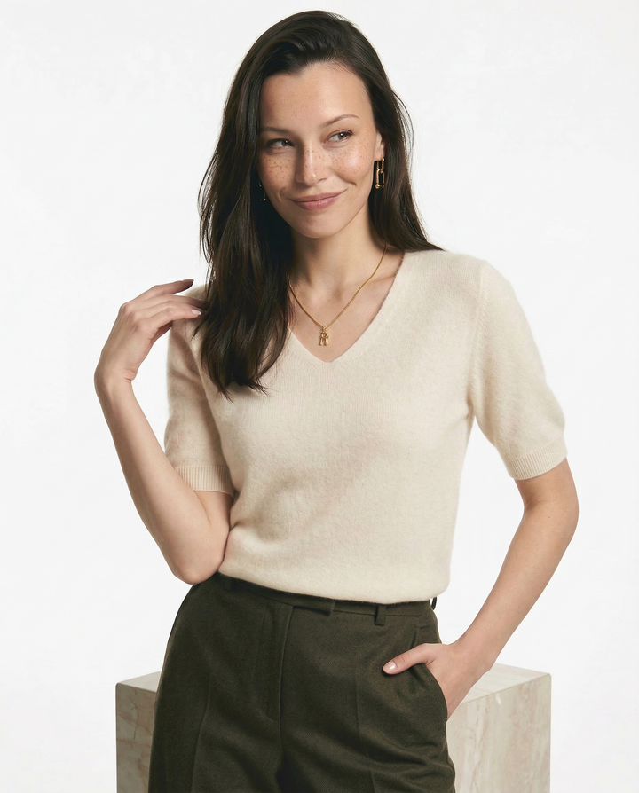 Olivia Bennet | V-Neck Knit Top for Women in Natural Color