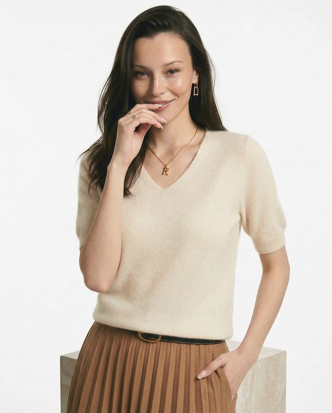 Olivia Bennet | V-Neck Knit Top for Women in Natural Color