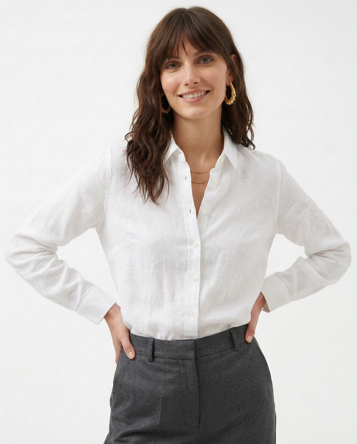 Olivia Bennet | Linen Blouse for Women in White, Relaxed Fit