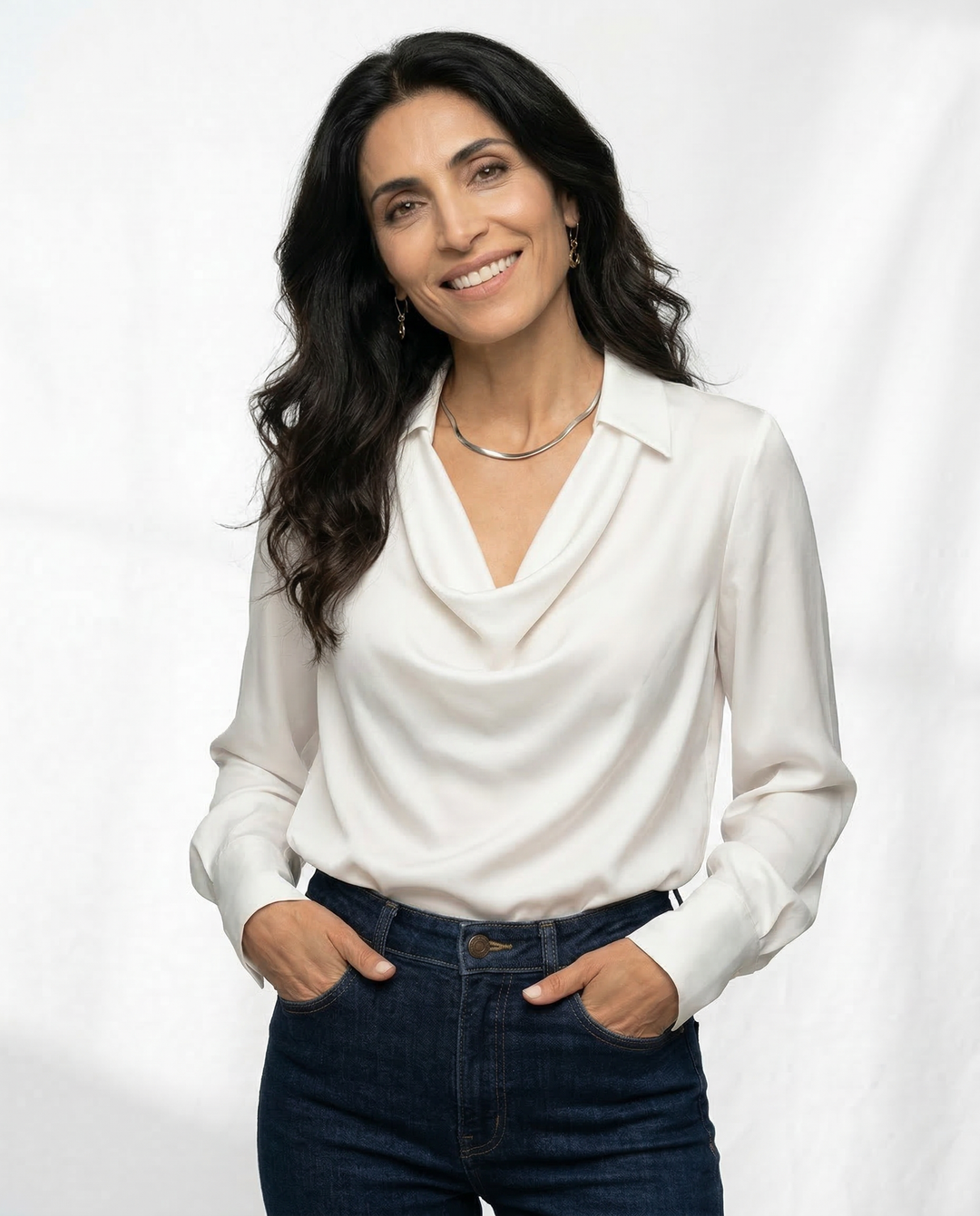 Olivia Bennet | Silk Full Sleeve Shirt for Women in Classic White