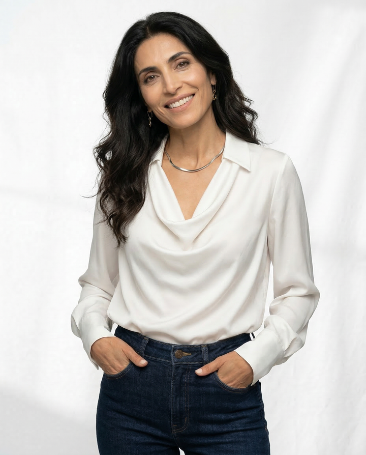 Olivia Bennet | Silk Full Sleeve Shirt for Women in Classic White