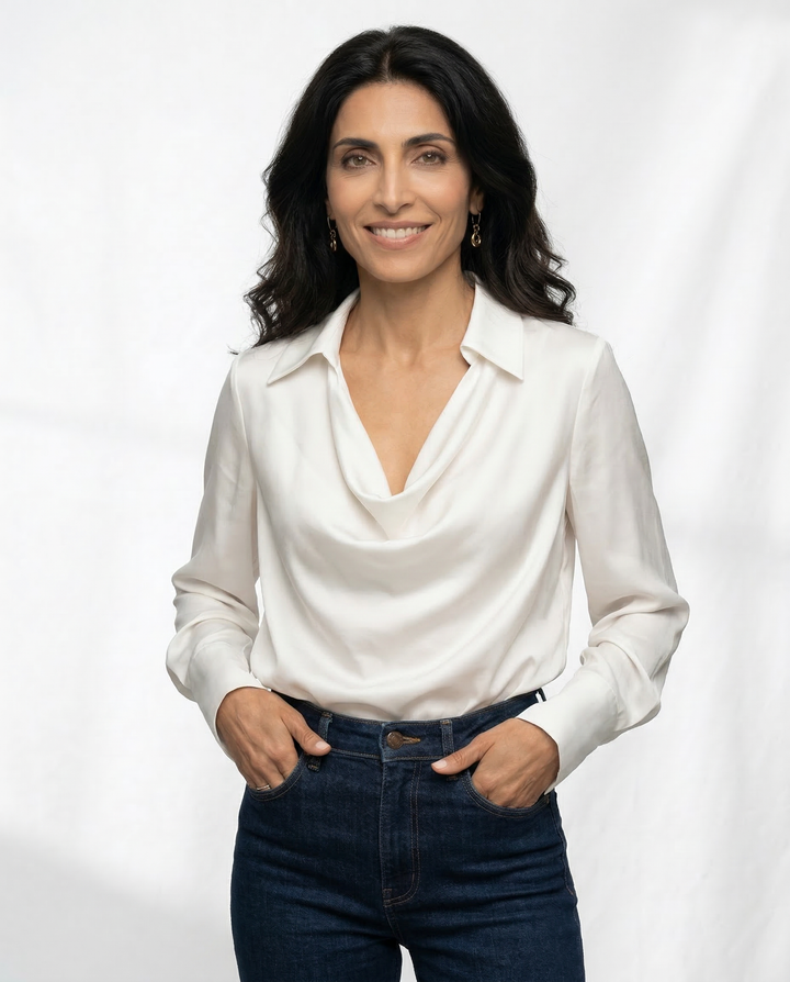 Olivia Bennet | Silk Full Sleeve Shirt for Women in Classic White