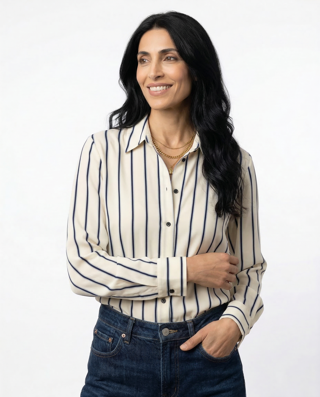 Olivia Bennet | Striped Button-Up Blouse for Women in Cotton Fit